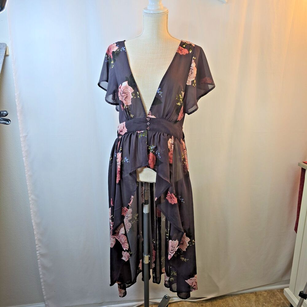 Live 4 Truth Sz XL Sheer Floral Hi-Low Duster Short Sleeve Layering Cover Up
